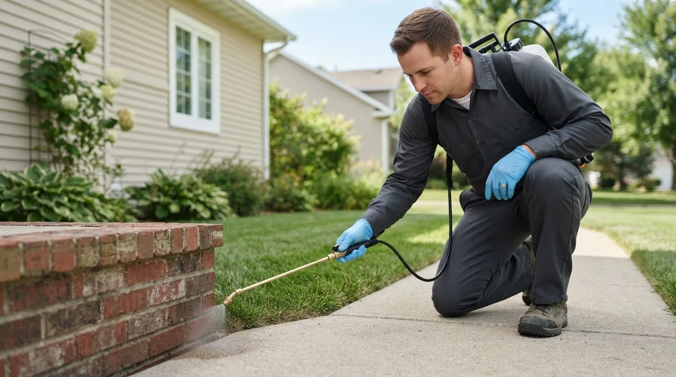 Pest control technician treating a home near Hiddenite, NC